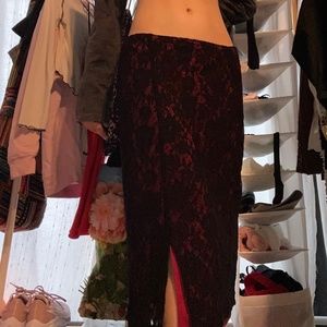 Red and black lace midi skirt